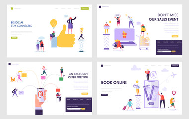 Obraz na płótnie Canvas Social Network, Online Shopping, Electronic Mail Service, Book Tickets in Internet Website Landing Page Templates Set. People Use Smart Tech in Life. Web Page. Cartoon Flat Vector Illustration, Banner