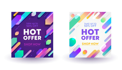 Set of Abstract Banners for Social Media Marketing. Hot Sale Offer for Shop or Discounter, Shopping Posters in Casual Modern Simple Funky Style with Geometric Gradient Pattern, Ad. Vector Illustration
