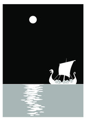 lonely drakkar. Viking ship in the night sea. vector drawing for illustrations