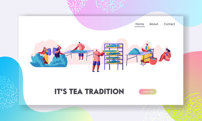 Naklejka premium Tea Pickers Website Landing Page. Male and Female Characters in Traditional Indian Clothes Collecting Fresh Tea Leaves on Plantation. Cultivation Web Page. Cartoon Flat Vector Illustration, Banner