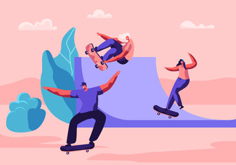 Young People Skating Longboard in City Park. Skater Hipster Boys and Girls Freedom Lifestyle. Urban City Sport, Teenagers Making Stunts and Tricks by Skateboard. Cartoon Flat Vector Illustration © Pavlo Syvak