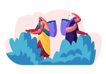 Tea Pickers Female Characters in Traditional Indian Dresses Collecting Fresh Leaves of Tea into Basket on Back at Plantation. Women Workers Job Summertime Occupation. Cartoon Flat Vector Illustration