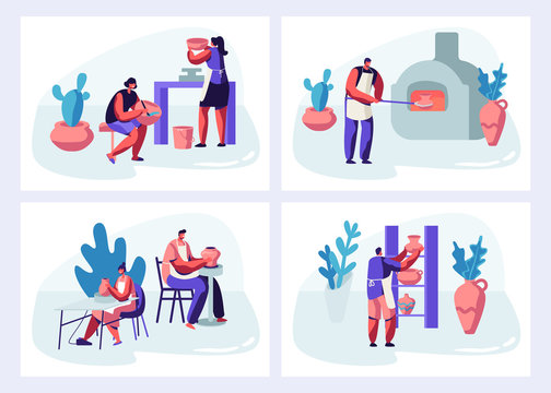 Characters Making and Decorating Pots Set, Earthenware, Crockery and Other Ceramics at Pottery Workshop. Group of People Enjoying Their Hobby. Painting, Baking in Oven Cartoon Flat Vector Illustration