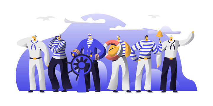 Ship Crew Male Characters in Uniform. Captain at Steering Wheel, Sailors in Stripped Vests Holding Life Buoy and Ringing Bell. Maritime Profession, Job Occupation. Cartoon Flat Vector Illustration