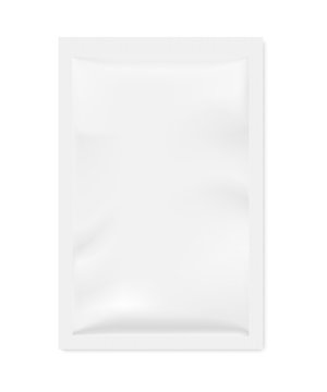 Blank plastic package for face mask. Vector template isolated on white background with shadow. Realistic mock up for your design.