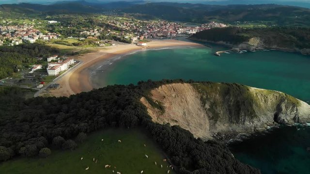 Aerial view of coast and beach in Gorliz, Basque country, Spain.