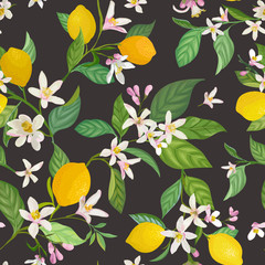 Seamless Lemon pattern with tropic fruits, leaves, flowers background. Hand drawn vector illustration in watercolor style for summer romantic cover, tropical wallpaper, vintage texture