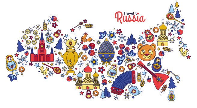 Russian Moscow colored thin line icons background Russia map pattern.