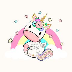 Obraz na płótnie Canvas Baby unicorn with wings, flowers, rainbow, hearts and stars