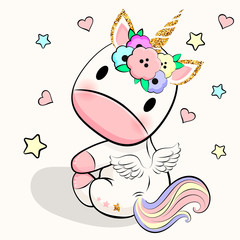 Birthday party invitation with baby unicorn