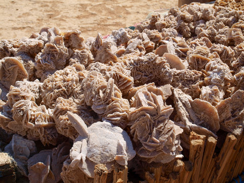 Desert roses, crystals made of the sand of Sahara and salt, horizontal photo