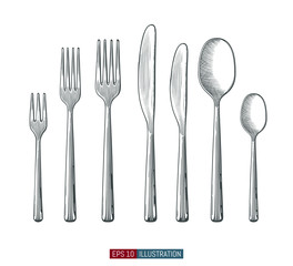 Hand drawn spoons,  forks and knife. Engraved style vector illustration. Elements for your design works.