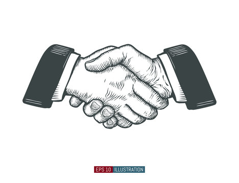 Hand drawn handshake. Template for your design works. Engraving style vector illustration.