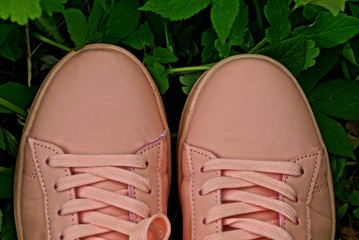 pink sport shoes for women on green grass and leaves outside