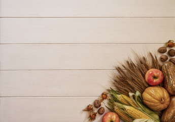 Thanksgiving background: pumpkins, apples, faded leaves, cones and spices on rustic wooden...