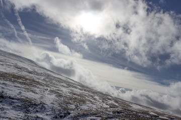 Snowy landscape with rolling hills and deep valleys in the Yorkshire Dales