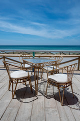 restaurant terrace overlooking the sea on the palmar beach in Conil de la Frontera, Cadiz, Spain