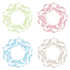 Collage in four different colors, of illustration of symbol for agriculture created using paddy and leaves as design elements with creative space for writing within the design.