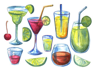 Cocktail drink summer orange lime green watercolor hand drawn