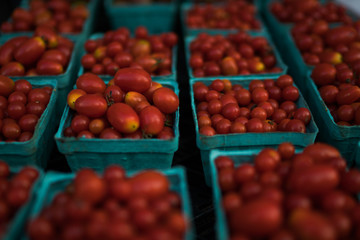 Fresh tomatoes on farmers market, California, USA. Pint baskets of organic colorful tomatoes on the counter at a farmers market. Organic vegetable stall. Selling fresh vegetables. Bio and eco food.