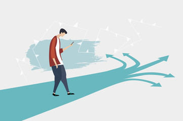Young man walking with mobile phone on the way with multiple directions and choices. Modern everyday life concept. 