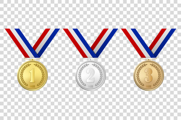 Vector 3d Realistic Gold, Silver and Bronze Award Medals Icon Set with Color Ribbons Closeup Isolated on Transparent Background. The First, Second, Third Place, Prizes. Sport Tournament, Victory