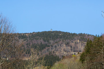 View from the Wiesental to the summit of the Feldberg in the Black Forest with a lookout tower