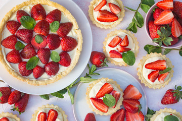 Strawberry tart with cream and mint traditional summer sweet pastry fruit dessert