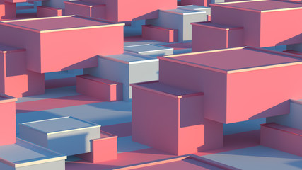 Creative composition with colorful blocks. Abstract candy cubes, modern background. Sweet buildings, sunlight. 3d rendering