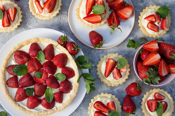 Strawberry tart with cream and mint traditional summer sweet pastry fruit dessert