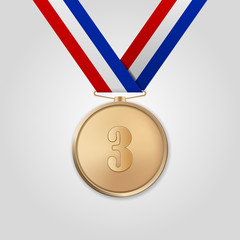 Vector 3d Realistic Bronze Award Medal with Color Ribbon Closeup Isolated on White Background. The Third Place, Prize. Sport Tournament, Victory Concept