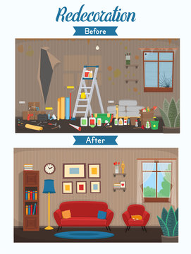 Living room before and after repair. Living room with chair, sofa, window, bookshelf. Vector flat cartoon illustration. 