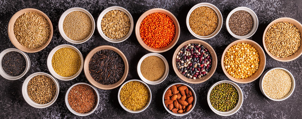Set of different superfoods, top view.