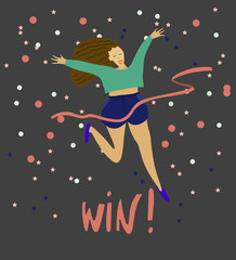 Girl crossing finishing line . Happy woman winning race and coming first to finish red ribbon . Confetti background . Vector