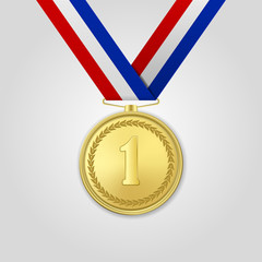 Vector 3d Realistic Gold Award Medal with Color Ribbon Closeup Isolated on White Background. The First Place, Prize. Sport Tournament, Victory Concept
