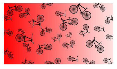 Red to white background with many bicycles - vector illustration