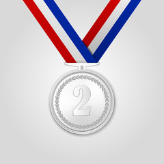 Vector 3d Realistic Silver Award Medal with Color Ribbon Closeup Isolated on White Background. The Second Place, Prize. Sport Tournament, Victory Concept