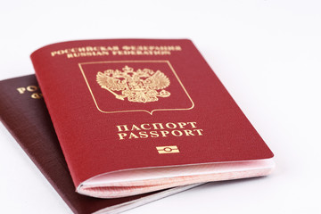 Two Russian passports on white background, closeup shot