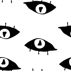 Seamless pattern with  cute cartoon eyes in abstract style. Black graphic drawnig of eyeballs with eyelashes on white background. Trendy modern poster.