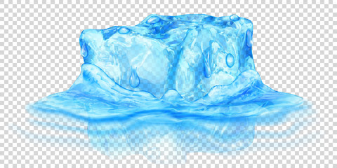 One big realistic translucent ice cube in light blue color half submerged in water. Isolated on transparent background. Transparency only in vector format