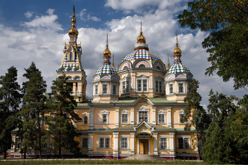 Fototapeta na wymiar South side Ascension Cathedral Russian Orthodox wood church in Almaty Kazakhstan