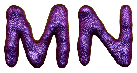 Letter set M, N made of realistic 3d render natural purple snake skin texture.