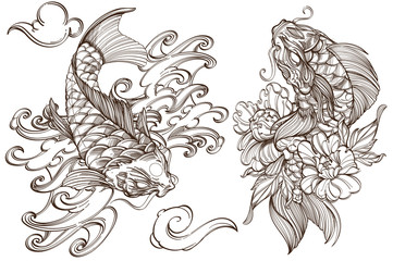 Fototapeta na wymiar A set of outline black and white illustrations with sketches of carp koi tattoos.