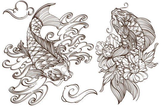 A set of outline black and white illustrations with sketches of carp koi tattoos.