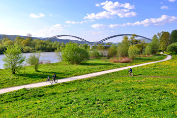 Healthy lifestyle - people riding bicycles in the city park along the river, Nowy Sacz, Poland - obrazy, fototapety, plakaty