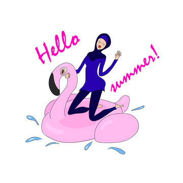 Hand drawn young beautiful islamic woman in burkini floating on inflatable ring in the shape of flamingo. 
