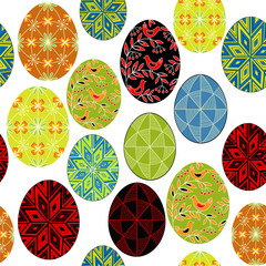 Seamless pattern. Beautiful Easter eggs, painted with different patterns. Suitable as wallpaper, for packing gifts for Easter. Vector illustration