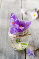 Beautiful crocus flowers in glass vase on wooden table