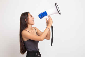 Beautiful young Asian woman announce with megaphone.