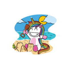 Obraz na płótnie Canvas unicorn cartoon playing on the beach